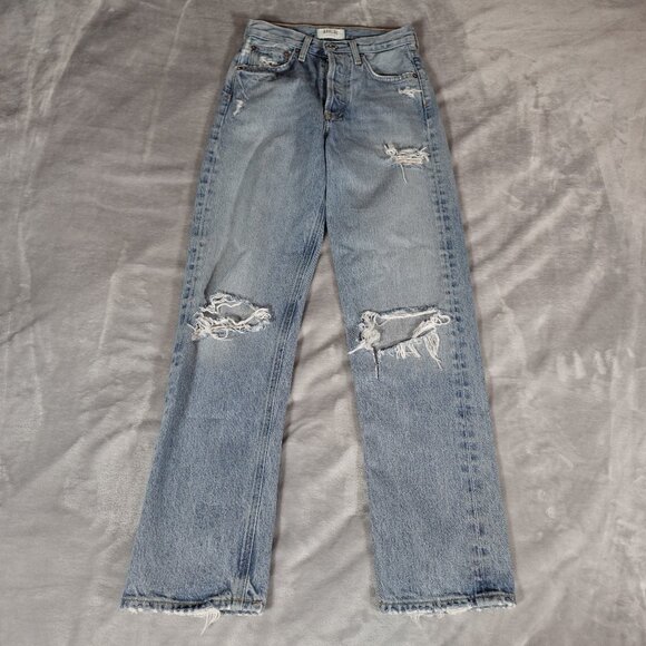 Agolde 90s Mid Rise Straight Jeans Womens 22x28 Distressed Light Wash - Picture 1 of 14